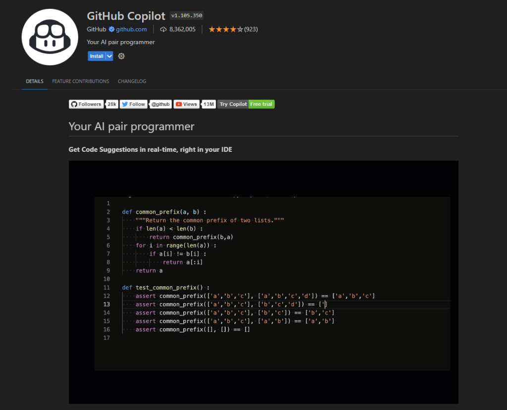 github's copilot extension in VScode