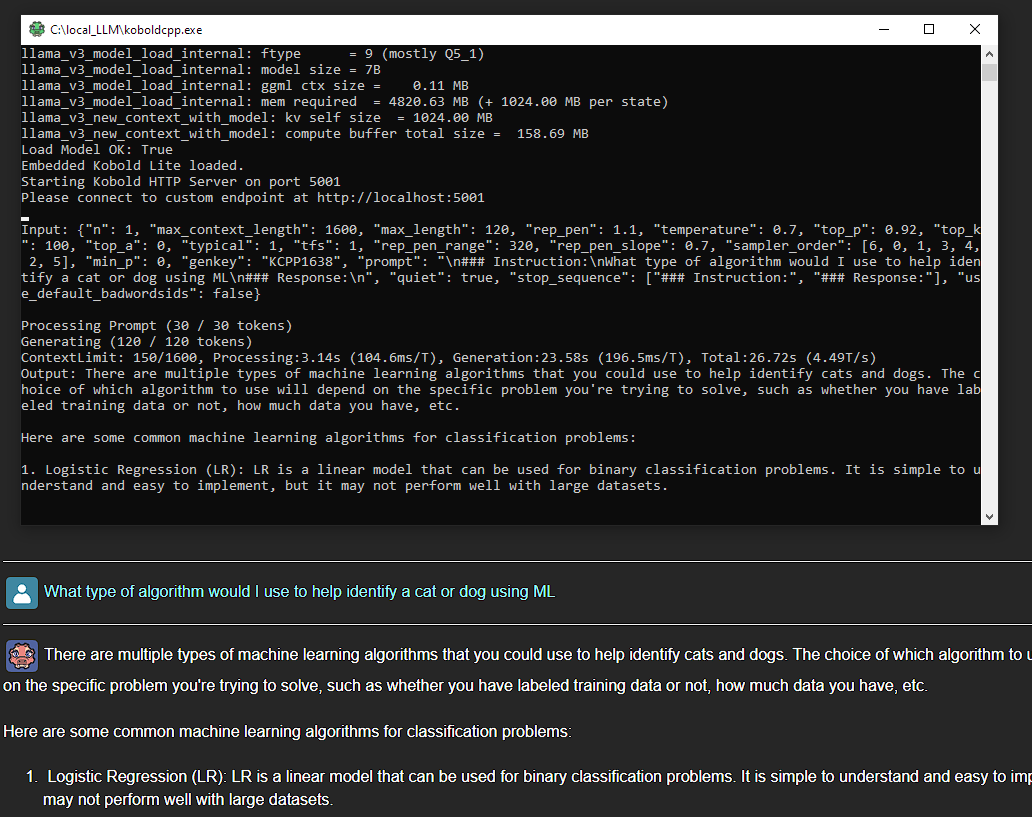 This is just an example of the chatbot interface with the command line showing the work on the backend